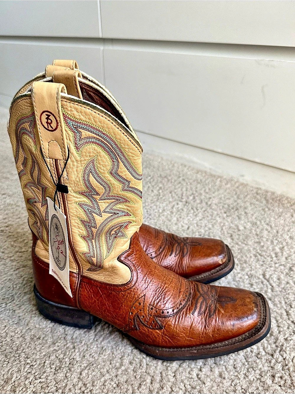 Tony Lama Men’s 8 Genuine Leather Square Toe Cowboy Western Boots Brown Tan - Picture 10 of 16